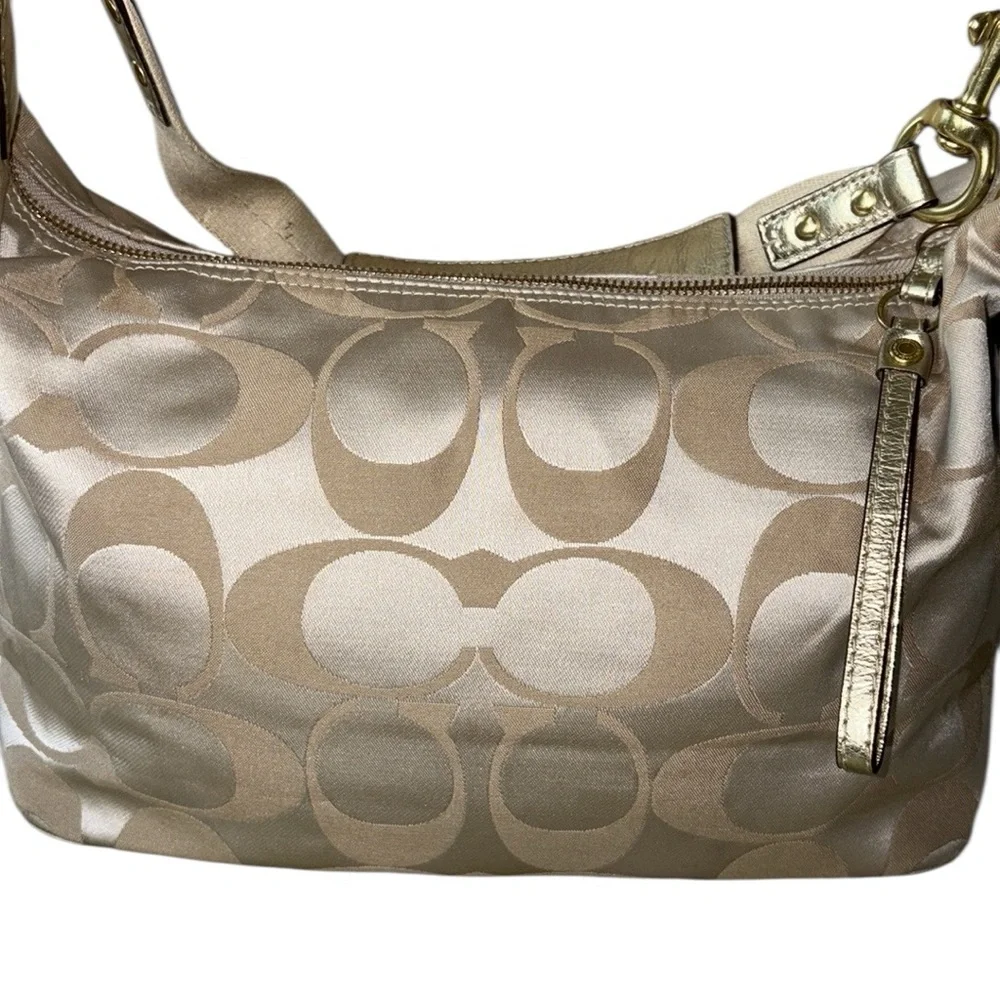 COACH Poppy Khaki Sateen Logo Multicolor Applique Shoulder Hobo Bag - F17586